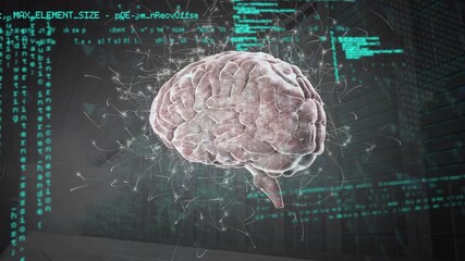 Animation of data processing and human brain over dark background - Powered by Adobe