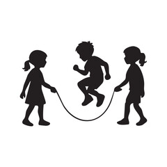A group of children playing jump rope, black silhouettes with clear outlines, simple vector design.