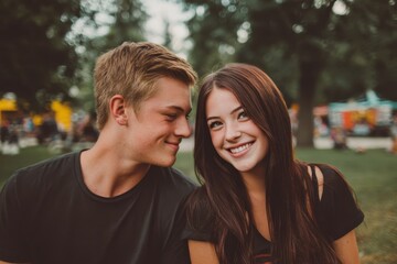 Obraz premium Newlyweds romantically engaging in the park