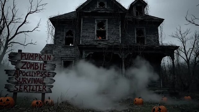 Spooky abandoned mansion with pumpkin patch sign signals zombie apocalypse survival shelter