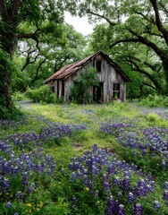 Rustic cabin amidst a vibrant wildflower meadow
