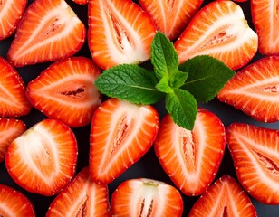 A close-up view of many sliced strawberries arranged on a dark surface, with vibrant red flesh and fresh green mint leaves.