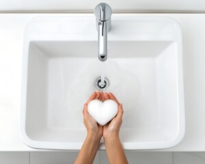 Hands washing with soap in heart shape under running water