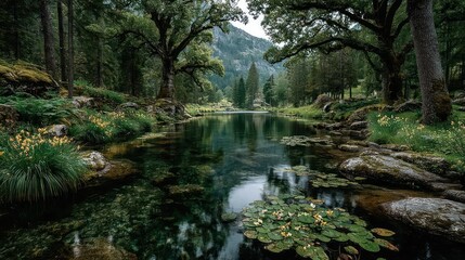 A lake surrounded by lush greenery and reflection