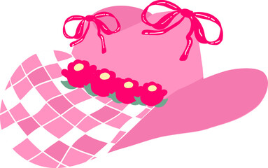 Coquette Cowgirl Hat with Ribbon Bow and Gingham Pattern &ndash; Cute Retro Groovy Style Illustration