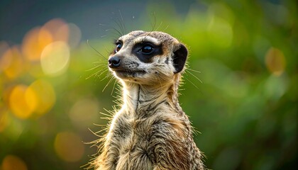 Close-up of a meerkat, its fur in soft focus, showcasing details and a watchful gaze against a blurred, sunlit background of green foliage.