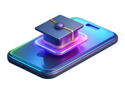 Digital education concept graduation cap on smartphone online learning and courses platform 3d illustration isolated on transparent background