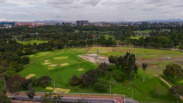 Aerial Drone Shot Over Plaza de Eventos, Simon Bolivar Park, Bogota, Colombia - Metropolitan Green Space and Event Venue