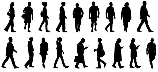 People go silhouettes set. group of people walking, going, and running. 