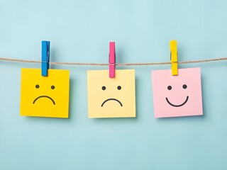 Three sticky notes with smiley and sad faces on a line