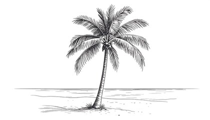 A detailed sketch of a solitary palm tree standing on a tranquil beach.