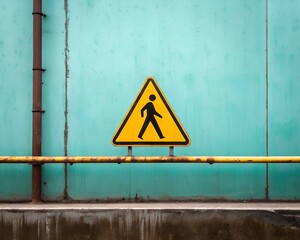 Yellow pedestrian crossing warning sign on a teal wall