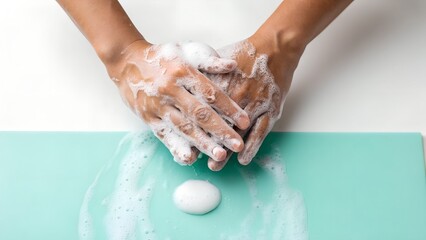 Closeup of hands being washed with soap and water