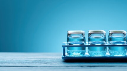 Fototapeta premium Three small glass containers filled with a light blue liquid sit on a blue tray against a blue background.