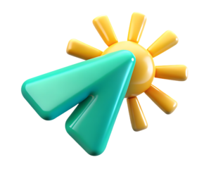 3D Cursor Arrow Pointing Towards a Stylized Yellow Sun Icon on Black Background pointer isolated on a transparent background