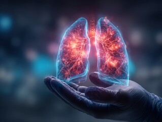 Glowing lungs held in caring hands symbolizing health and hope