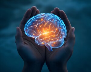 Hands cradling a glowing blue brain with orange light