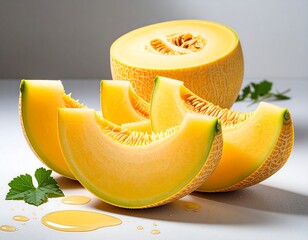 Fresh cantaloupe slices, vibrant yellow hues, displayed against a bright background, showcasing a juicy and succulent summer fruit.