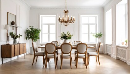Fototapeta premium Elegant dining room with crystal chandelier, white walls, and a wooden table set for a meal