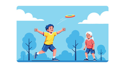 Adobe illustrator artwork vector illustration. Two happy children playing frisbee outdoors, with one boy jumping to catch the disc. Perfect for themes of active play, outdoor recreation and summer fun