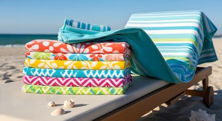 Beach Towels and Lounge Chair on Sunny Beach