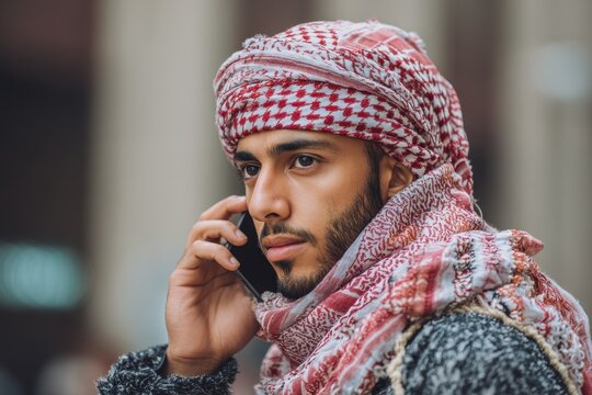 Serious looking young Arab man using a smartphone in the city