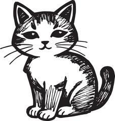 Cat Doodle Black and White Illustration Vector Image Cute Kitten Sketch Line Art Drawing Silhouette