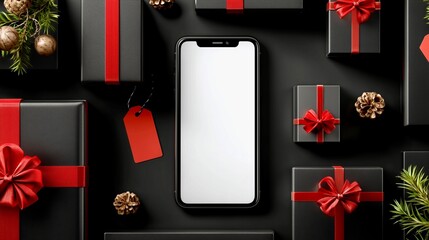 flat lay of a smartphone with blank white screen, surrounded by black gift boxes 