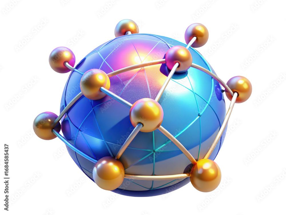 Poster global network abstract sphere with golden nodes connected by metallic lines 3d illustration isolate