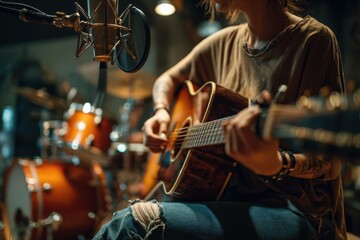 Skilled female guitarist in studio during band practice