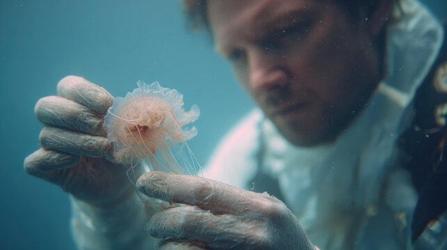 Man with jellyfish under water