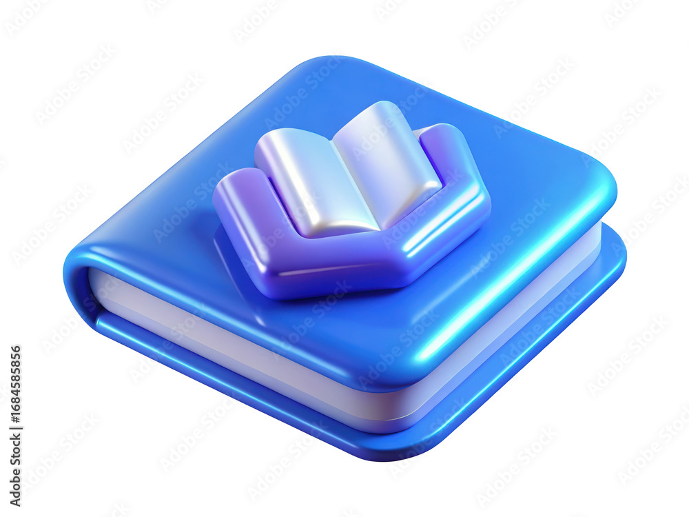Poster glossy blue book icon with open pages for study and learning 3d illustration isolated on transparent