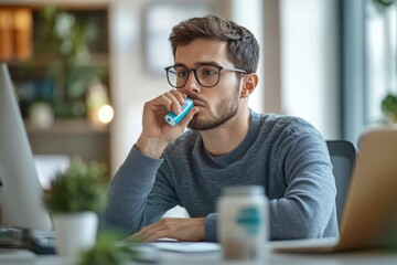 Young businessman dealing with asthma and allergies, sitting at an office desk, using an inhaler to alleviate symptoms in a professional setting, Generative AI