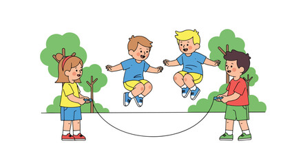 Adobe illustrator artwork vector illustration. Three happy children jumping rope together outdoors in a park, enjoying a classic playground game. Perfect for themes of teamwork, fun, and actived