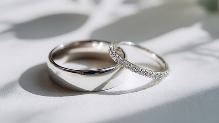 Two Platinum or White Gold Wedding Rings in Sunlight / 太陽の光を浴びる2つのプラチナまたはホワイトゴールドの結婚指輪