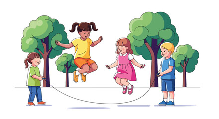 Adobe illustrator artwork vector illustration. Three happy children jumping rope together outdoors in a park, enjoying a classic playground game. Perfect for themes of teamwork, fun, and actived