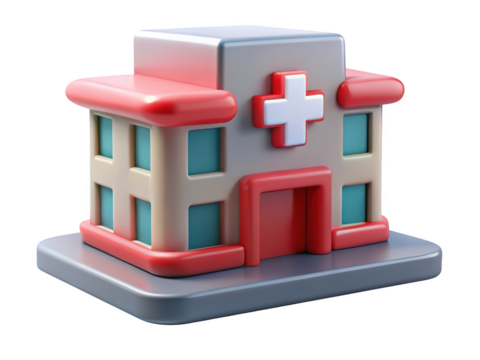 Glossy cartoon hospital building with red trim and white cross symbol 3d illustration isolated on transparent background