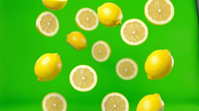 Fallende Zitronen auf gr&uuml;nem Chroma Key Hintergrund &ndash; isoliertes Video f&uuml;r Compositing