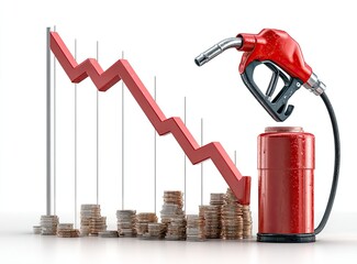 Falling fuel prices.  Red graph line descends, fuel pump over coins