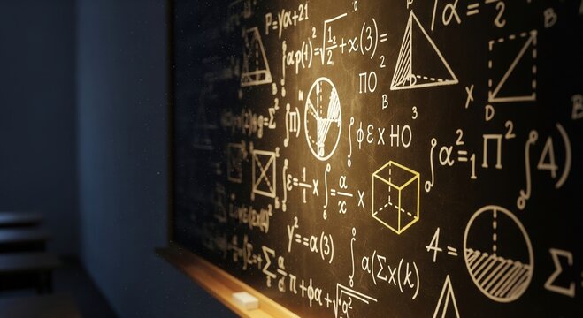 Chalkboard with complex math equations and geometrical figures, symbolizing the depth of academic study and the intriguing world of mathematical theories.