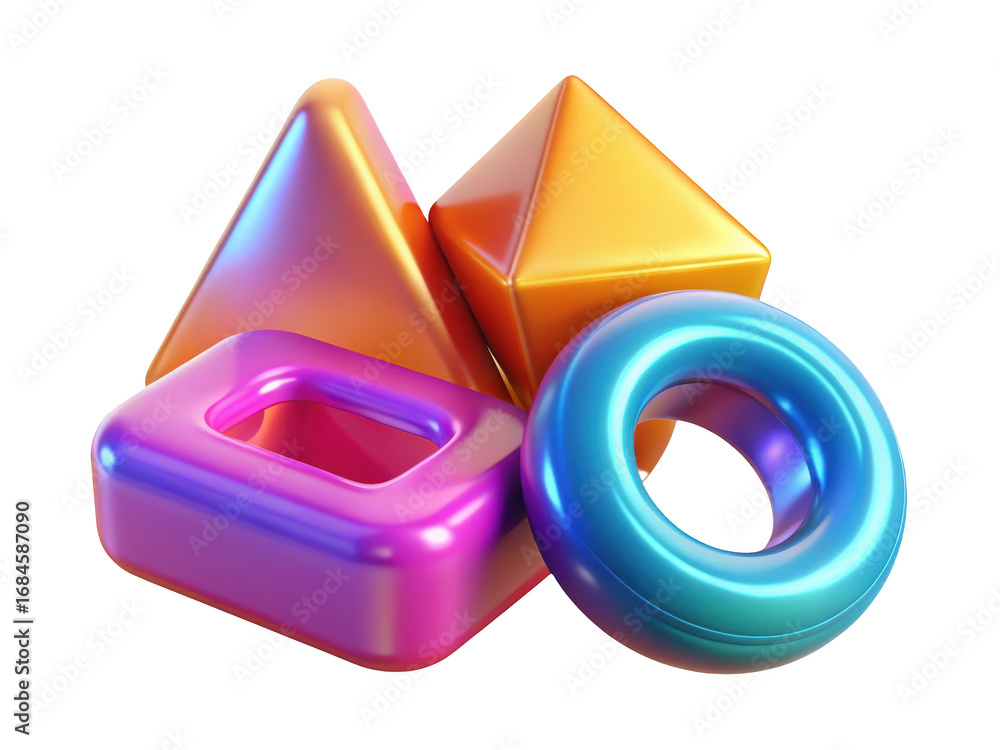 Poster glossy gradient geometric shapes modern art composition rendering design vibrant colors shiny forms 