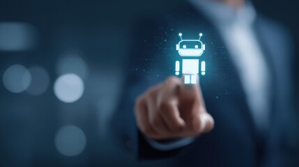 Man pointing at robot icon on futuristic screen