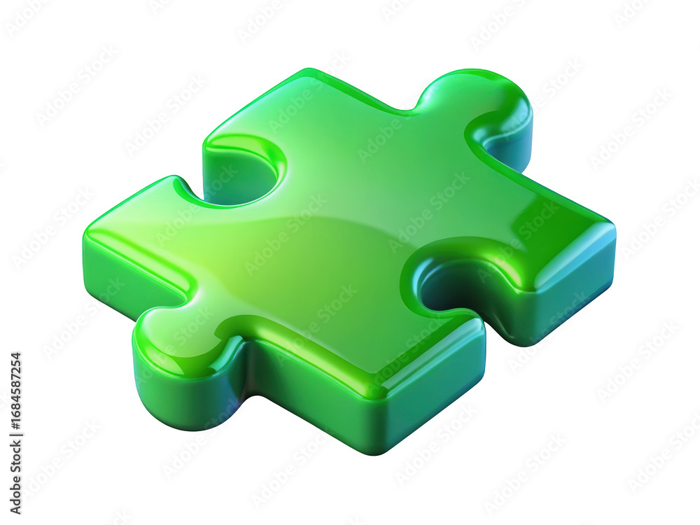 Poster glossy green puzzle piece on background represents solution or connection 3d illustration isolated o