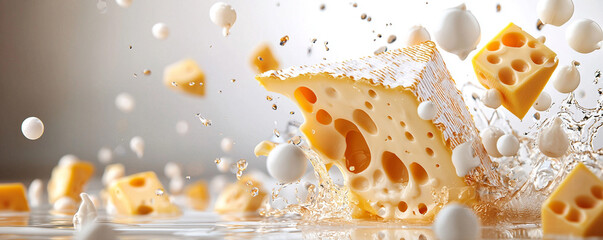 Dynamic Swiss Cheese Splash: Close-Up of Yellow Cheese Pieces and White Droplets Against Light Gray Background