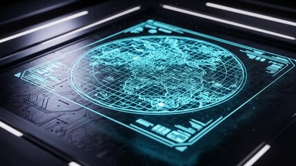 Futuristic technology interface world map display with grid lines and circuit board elements - Powered by Adobe