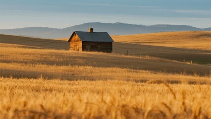 In autumn, the wooden house in the golden field contrasts with the distant mountains, full of autumn atmosphere.
