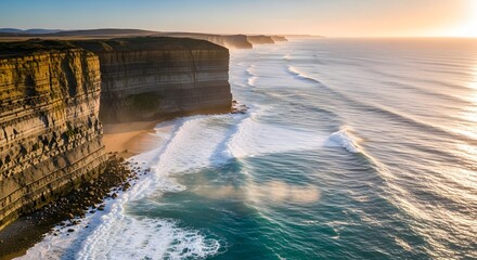 Coastal Cliff Waves Sunlight Ocean Landscape