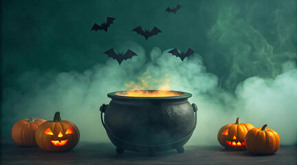 Spooky Halloween Night Cauldron Brew, Jack-o'-lanterns, Bats & Fog