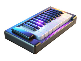 Glossy mini keyboard with and white keys shimmering with neon light 3d illustration isolated on transparent background