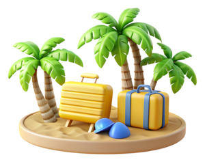 Tropical Island Scene with Palm Trees and Yellow Suitcases beach vacation isolated on a transparent background